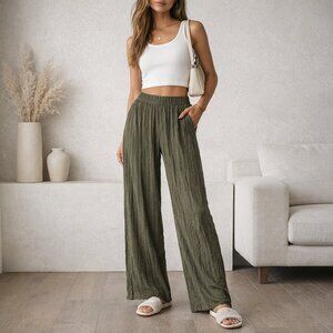 Melloday Wide Leg Pants Womens Olive Green Crinkle Accordion Boho Pull On Size S
